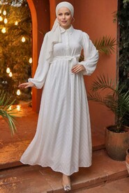 Modest White Hijab Dress 14121B - Thumbnail