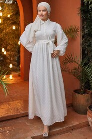 Modest White Hijab Dress 14121B - Thumbnail