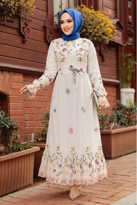 Modest White Long Floral Dress 23234B - NEVA STYLE