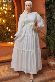 Modest White Long Sleeve Dress 14131B - Thumbnail