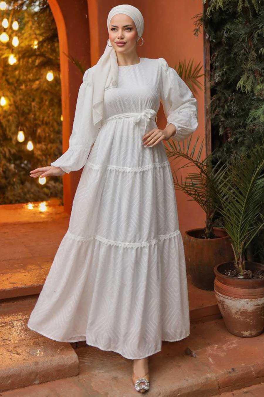 Modest White Long Sleeve Dress 14131B