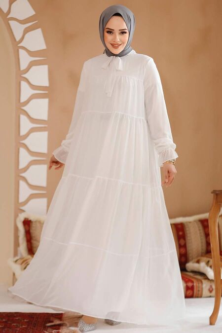 Modest White Maxi Dress 23601B - NEVA STYLE