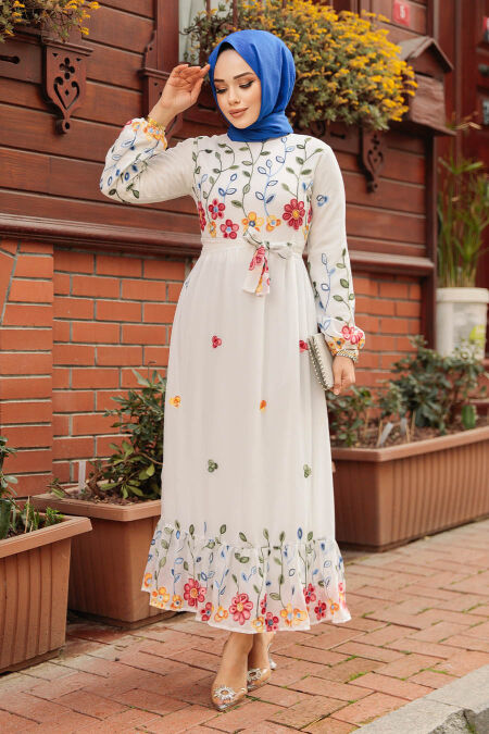 Modest White Maxi Floral Dress 23232B - NEVA STYLE