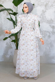 Modest White Mustard Floral Long Dress 50812BHR 