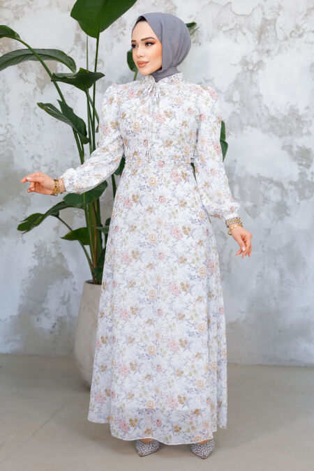 Modest White Mustard Floral Long Dress 50812BHR - NEVA STYLE