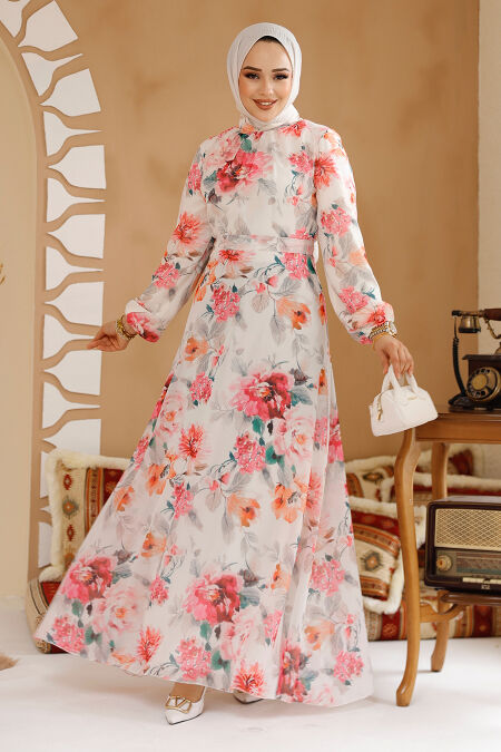 Modest White Pink Floral Plus Size Dress 27962BP - NEVA STYLE