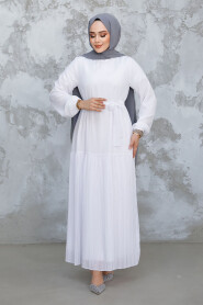 Modest White Pleated Long Dress 23771B 