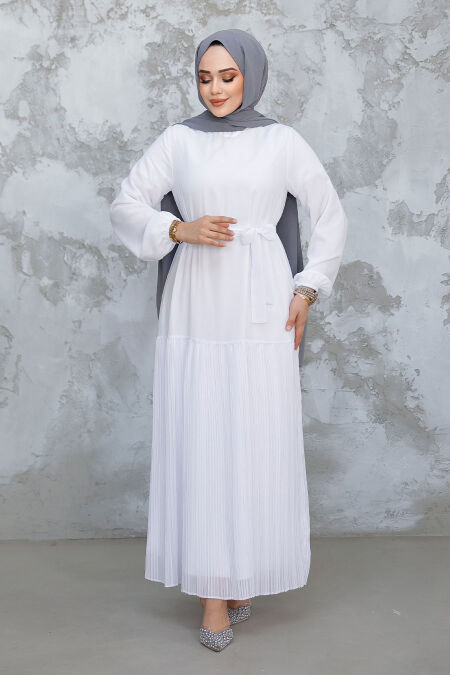 Modest White Pleated Long Dress 23771B - NEVA STYLE