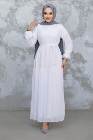 Modest White Pleated Long Dress 23771B - 2