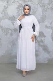 Modest White Pleated Long Dress 23771B - 3