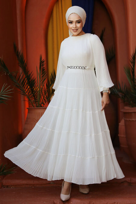 Modest White Ruffle Dress 44761B - NEVA STYLE