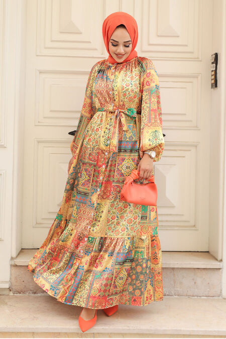 Mustard Hijab Dress 23155HR - NEVA STYLE