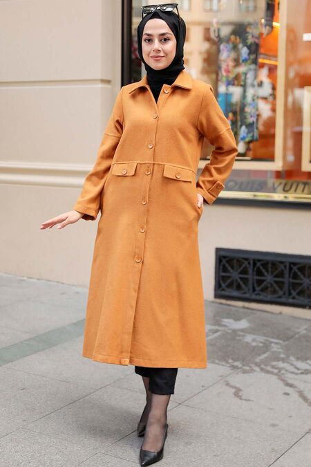 Mustard Hijab Stamp Coat 5808HR - NEVA STYLE