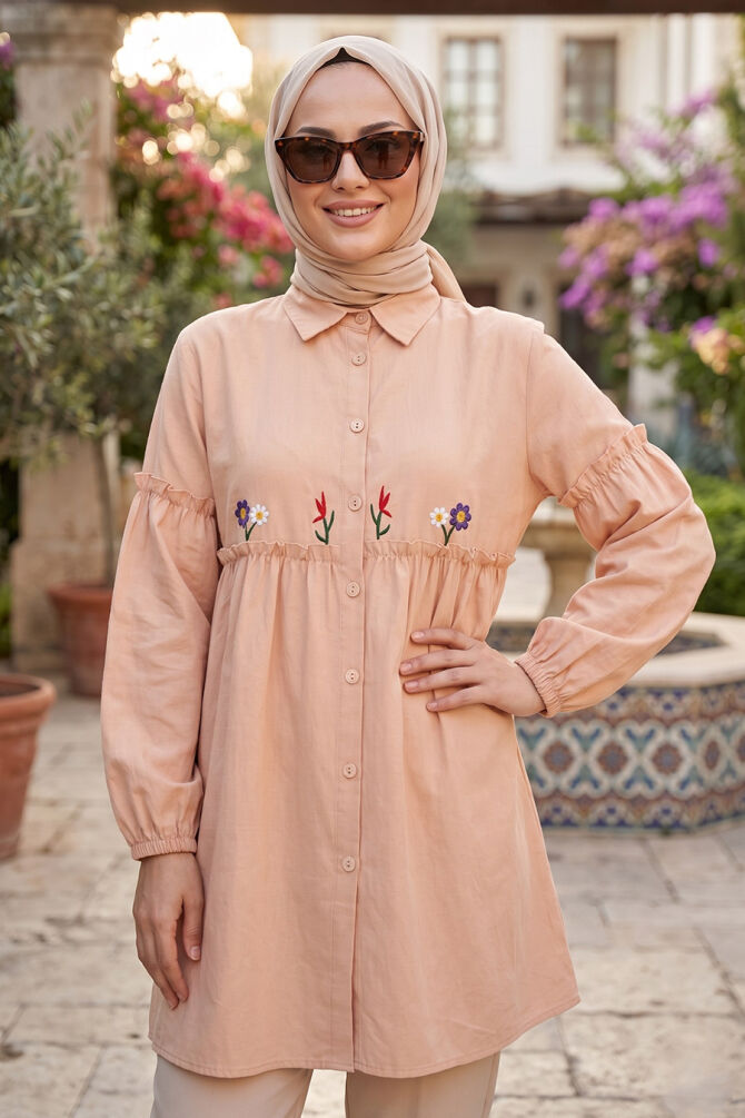 Embroidered Patterned Beige Modest Tunic 40603BEJ - 