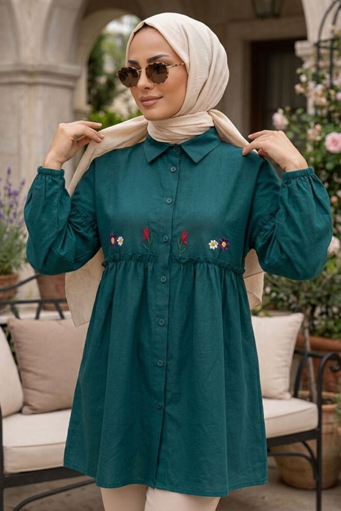 Embroidered Patterned Petrol Green Modest Tunic 40603PY - 