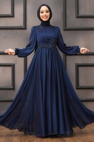  Satin Navy Blue Islamic Engagement Dress 21630L - 1