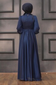  Satin Navy Blue Islamic Engagement Dress 21630L - 2