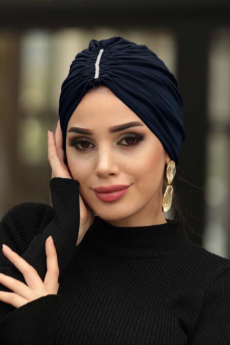 Navy Blue Hijab Cap Shawl 7526L - NEVA STYLE