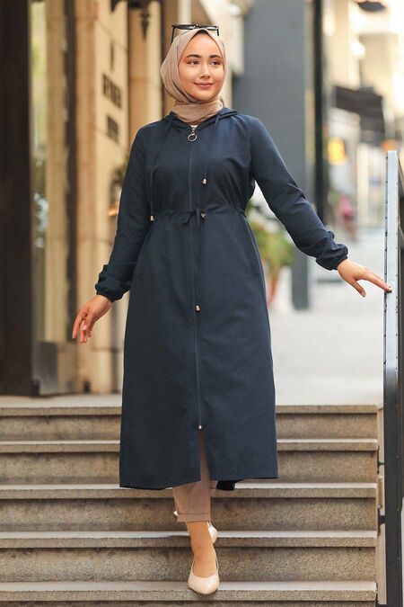 Navy Blue Hijab Coat 51701L - NEVA STYLE