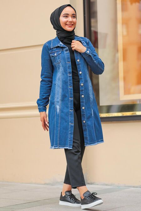 Navy Blue Hijab Denim Jacket 10646L - NEVA STYLE