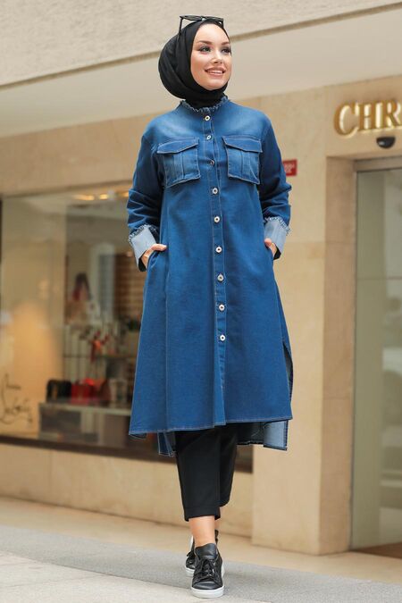 Navy Blue Hijab Denim Tunic 5985L - NEVA STYLE