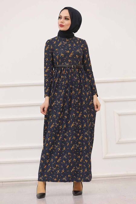 Navy Blue Hijab Dress 163905L - NEVA STYLE