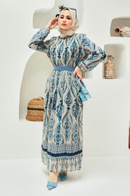 Navy Blue Hijab Dress 229018L - 6