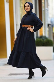 Navy Blue Hijab Dress 43290L - 2