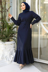 Navy Blue Hijab Dress 51911L - 3