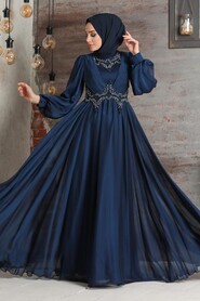  Stylish Navy Blue Islamic Clothing Evening Dress 21890L - 1