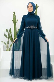  Stylish Navy Blue Islamic Clothing Evening Gown 22290L - 1