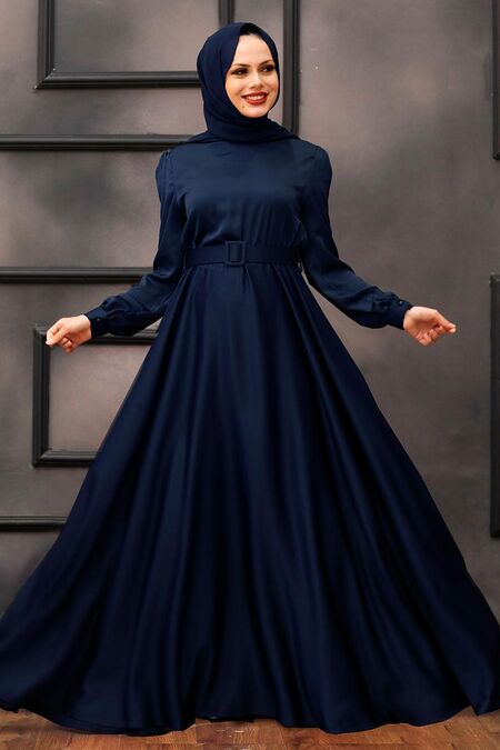 Neva Style - Satin Navy Blue Islamic Evening Gown 28890L