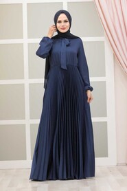  Satin Navy Blue Islamic Clothing Engagement Dress 3031L - 1