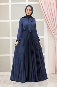  Satin Navy Blue Islamic Clothing Engagement Dress 3031L - 2