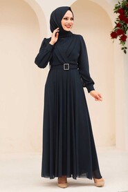  Navy Blue Turkish Hijab Engagement Dress 3060L - 1