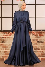  Long Sleeve Navy Blue Hijab Evening Dress 3145L - 2