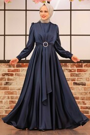  Long Sleeve Navy Blue Hijab Evening Dress 3145L - 1