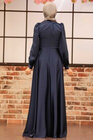  Long Sleeve Navy Blue Hijab Evening Dress 3145L - 4