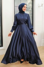  Satin Navy Blue Islamic Engagement Gown 3367L - 1