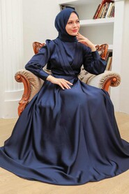  Satin Navy Blue Islamic Engagement Gown 3367L - 3