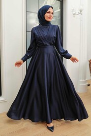 Satin Navy Blue Islamic Engagement Gown 3367L - 2