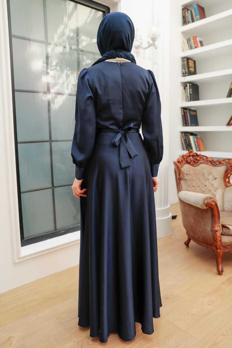 Satin Navy Blue Islamic Engagement Gown 3367L - Neva-style.com