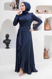  Modern Navy Blue Muslim Evening Gown 3381L - 1