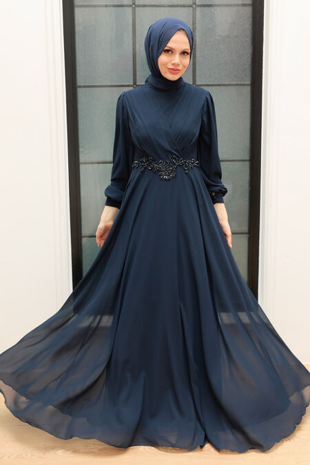  Stylish Navy Blue Islamic Evening Gown 3435L - NEVA STYLE