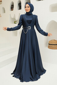  Long Sleeve Navy Blue Islamic Long Sleeve Maxi Dress 3454L - 1
