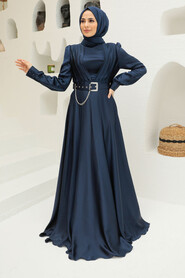  Long Sleeve Navy Blue Islamic Long Sleeve Maxi Dress 3454L - 2