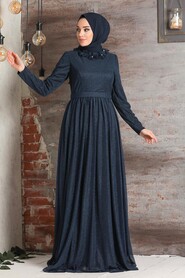 Navy Blue Hijab Evening Dress 3473L - 1