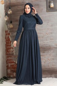 Navy Blue Hijab Evening Dress 3473L - 2