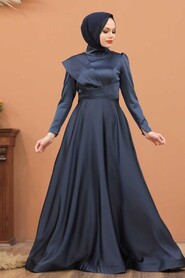 Navy Blue Hijab Evening Dress 4106L - 1