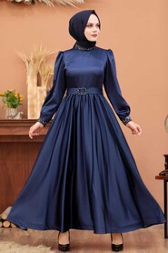  Navy Blue Turkish Hijab Wedding Gown 4373L - 1